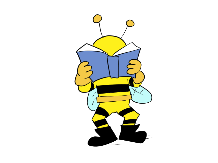 Cartoon of bug villain Bumblebeezy reading a book.